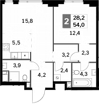 Планировка: Евродвушка 54 м² в ЖК «Сидней Сити»