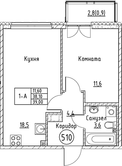 Планировка: Евродвушка 38,1 м² в ЖК «Кронунг Юг»