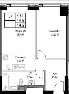 Планировка: Евродвушка 49,6 м² в ЖК «Мираполис»