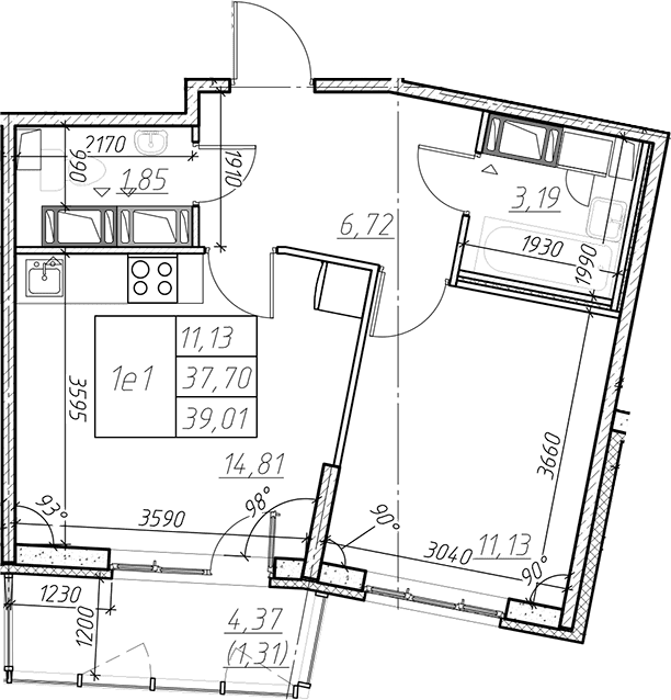 Планировка: Евродвушка 37,7 м² в ЖК «Левитан»