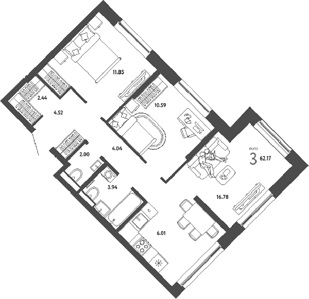 Планировка: Евротрёшка 62,2 м² в ЖК «Страна.Парковая»