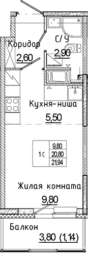 Планировка: Студия 20,8 м² в ЖК «Аквилон Янино»