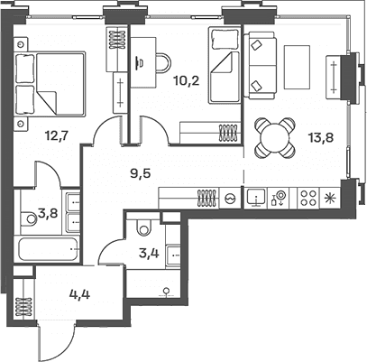 Планировка: Евротрёшка 57,8 м² в ЖК «Портленд»