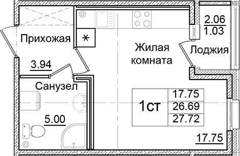 Планировка: Студия 26,7 м² в ЖК «Квартал Заречье»