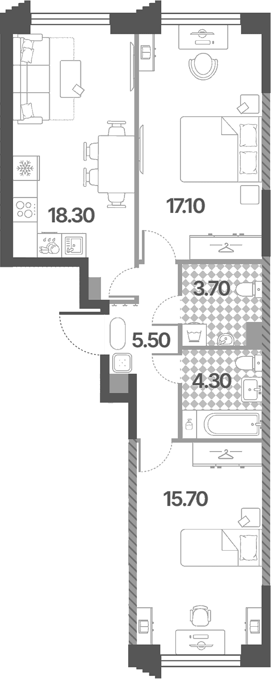Планировка: Евротрёшка 64,6 м² в ЖК «Обручева 30»