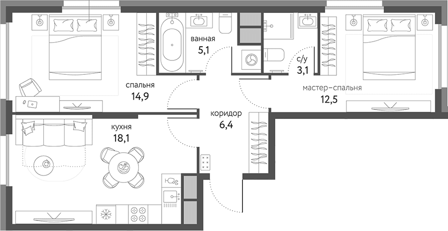 Планировка: 2-комнатная квартира 60,1 м² в ЖК «Сиреневый парк»