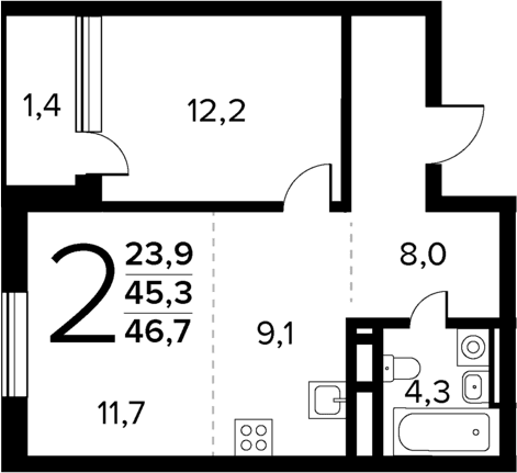 Планировка: Евродвушка 45,3 м² в ЖК «Новые Ватутинки Квартал у реки»