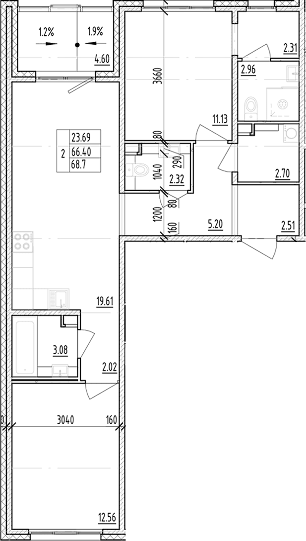 Планировка: 2-комнатная квартира 66,4 м² в ЖК «ЛесАрт»