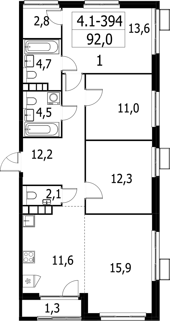 Планировка: Квартира евро-4 90,7 м² в ЖК «Южные сады»