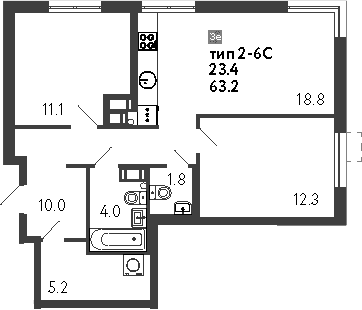 Планировка: Евротрёшка 63,2 м² в ЖК «Струны»