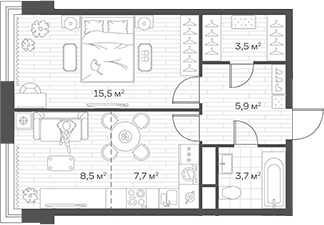 Планировка: Евродвушка 44,8 м² в ЖК «Аристов Берег»