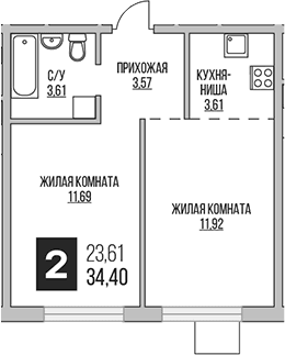 Планировка: Евродвушка 34,4 м² в ЖК «Гранель Аникеевский»
