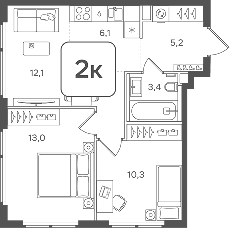 Планировка: Евротрёшка 50,1 м² в ЖК «НАЗАРЕ»