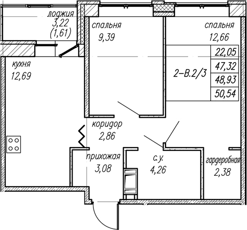 Планировка: 2-комнатная квартира 47,3 м² в ЖК «Уютный Новоселье»