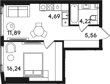 Планировка: Евродвушка 42,6 м² в ЖК «СОЛОС»