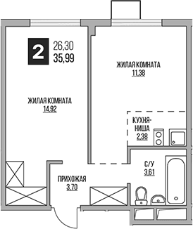 Планировка: Евродвушка 36 м² в ЖК «Гранель Аникеевский»