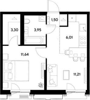 Планировка: Евродвушка 37,6 м² в ЖК «ЭВО»