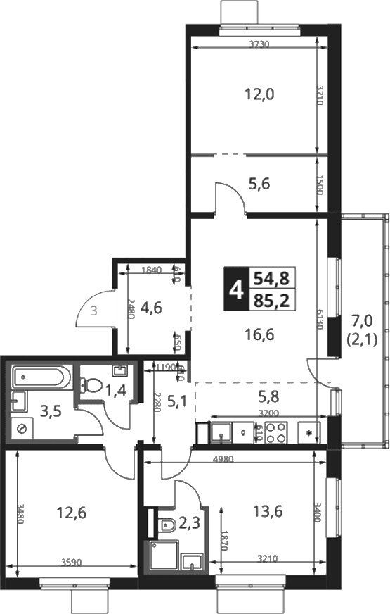 Планировка: Квартира евро-4 84,7 м² в ЖК «1-й Ясеневский»