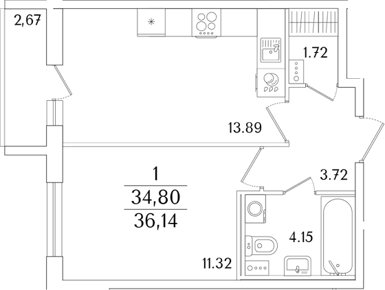 Планировка: 1-комнатная квартира 34,8 м² в ЖК «Кинопарк»
