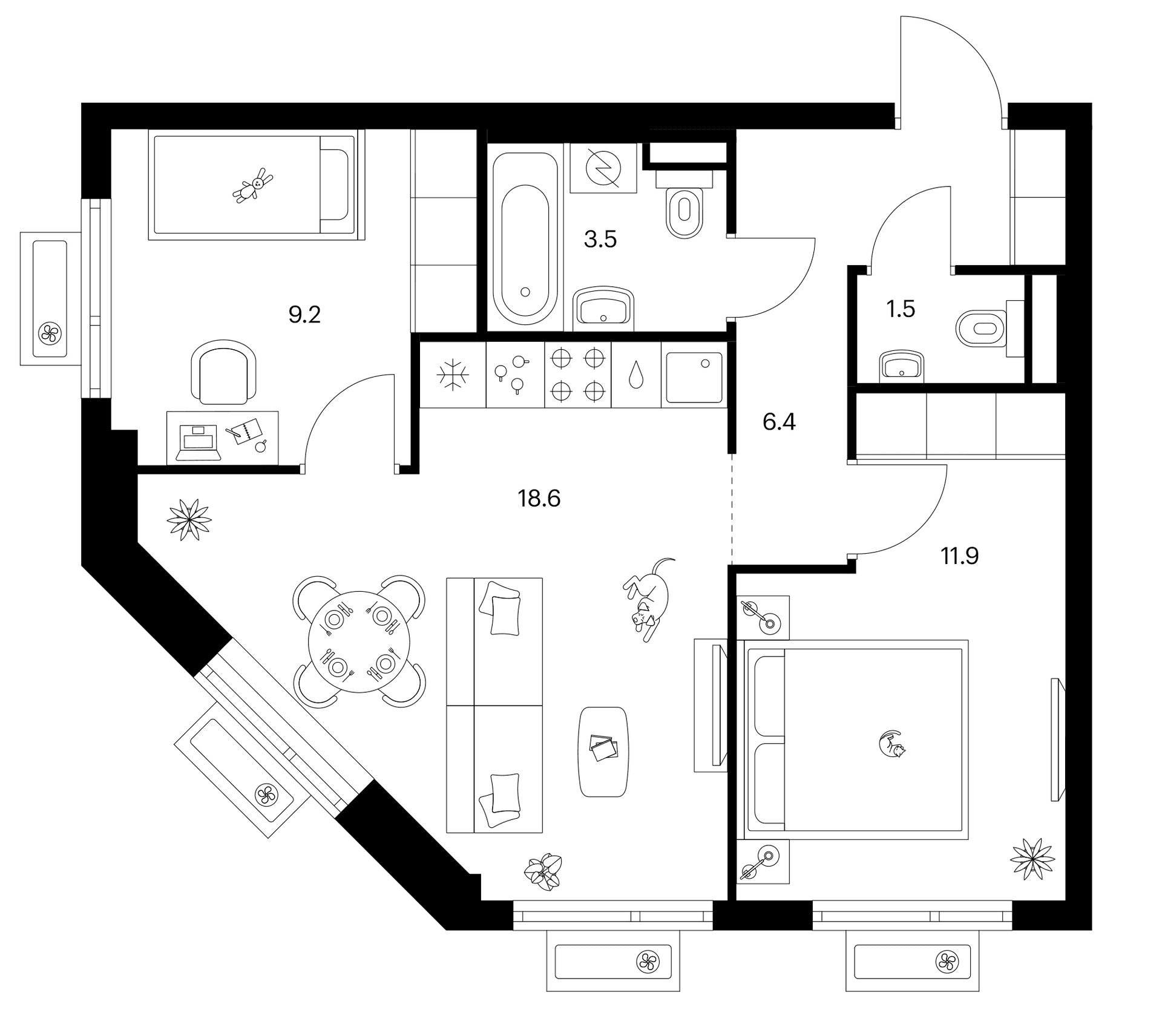 Планировка: 2-комнатная квартира 51,1 м² в ЖК «Белая Дача парк»