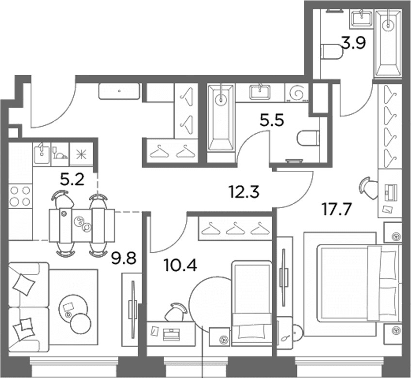 Планировка: Евротрёшка 64,8 м² в ЖК «Станиславский»