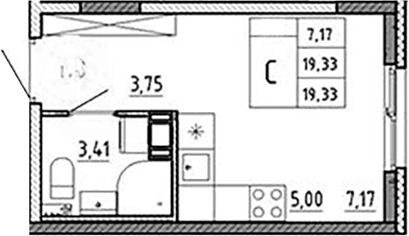 Планировка: Студия 19,3 м² в ЖК «Аннино Сити»