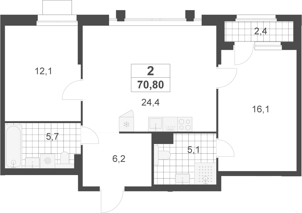 Планировка: Евротрёшка 69,6 м² в ЖК «Деснаречье»