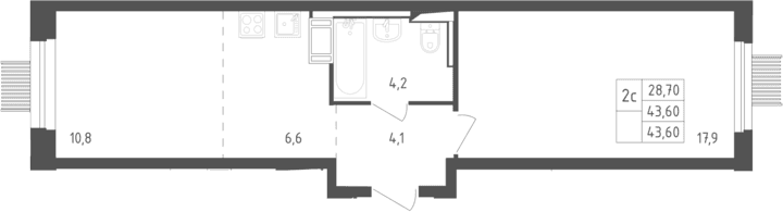Планировка: Евродвушка 43,6 м² в ЖК «Мытищи Парк»