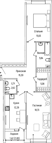 Планировка: 2-комнатная квартира 75 м² в ЖК «Рига Хиллс»