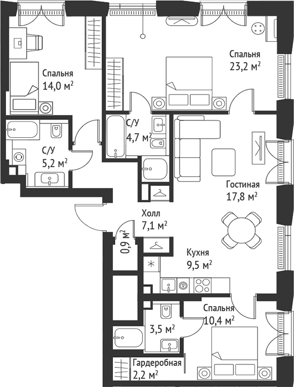 Планировка: Квартира евро-4 98,3 м² в ЖК «СЕТ»