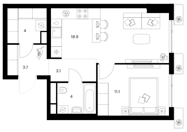Планировка: 1-комнатная квартира 44,8 м² в ЖК «Белая Дача парк»