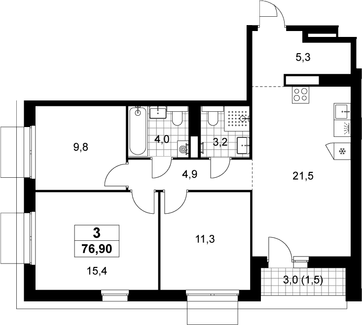 Планировка: Квартира евро-4 75,4 м² в ЖК «Деснаречье»