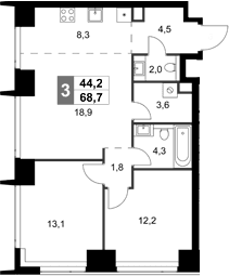 Планировка: Евротрёшка 68,7 м² в ЖК «Амбер Сити»
