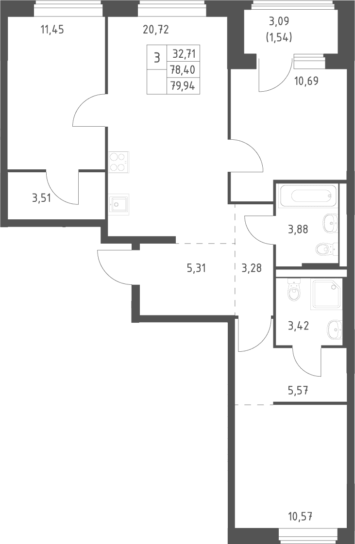 Планировка: Квартира евро-4 78,4 м² в ЖК «Большое Юрлово»