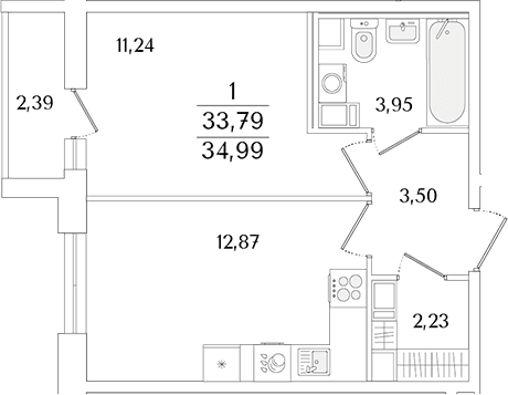 Планировка: Евродвушка 33,8 м² в ЖК «Кинопарк»