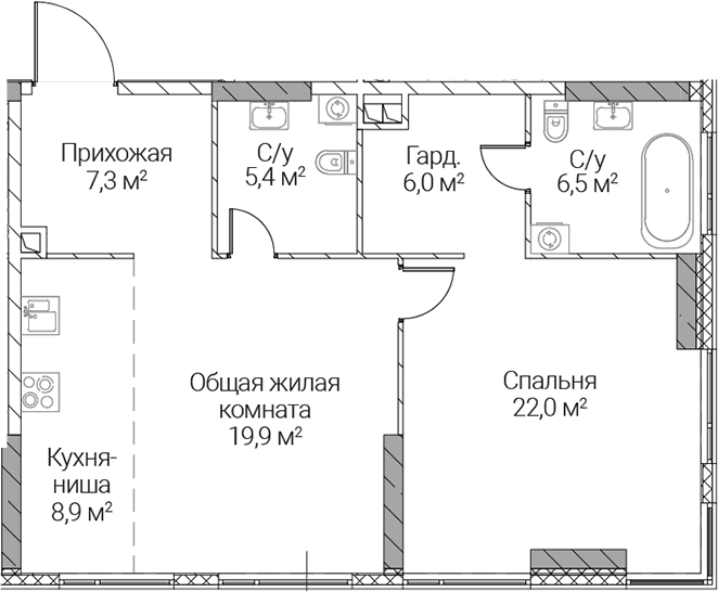 Планировка: Евродвушка 76 м² в ЖК «СЕЗАР СИЛИКА»