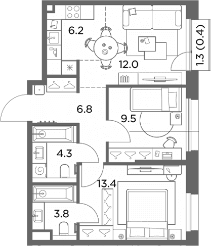 Планировка: Евротрёшка 56 м² в ЖК «Станиславский»