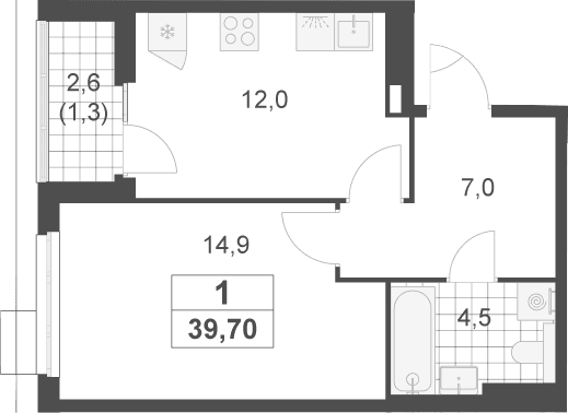 Планировка: 1-комнатная квартира 38,4 м² в ЖК «Скандинавия»
