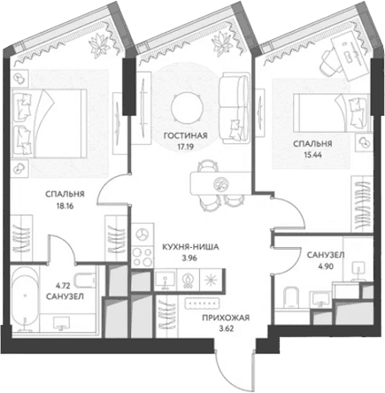 Планировка: Евротрёшка 68,8 м² в ЖК «ХАЙДАУТ»
