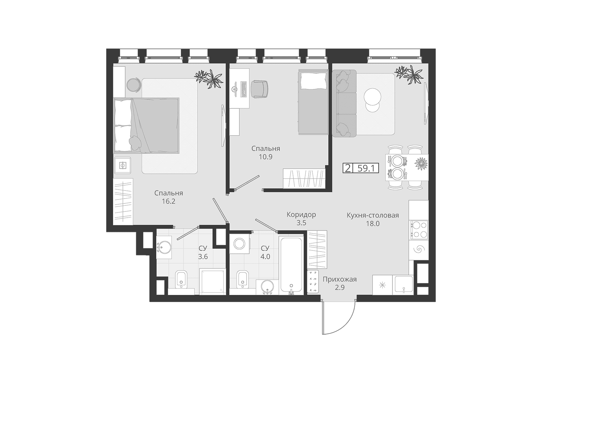 Планировка: Евротрёшка 59,1 м² в ЖК «ГРЭЙ»
