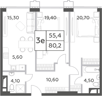 Планировка: Евротрёшка 80,2 м² в ЖК «Will Towers»