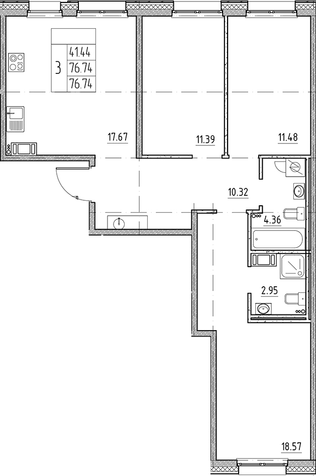 Планировка: Квартира евро-4 76,7 м² в ЖК «Сезоны»