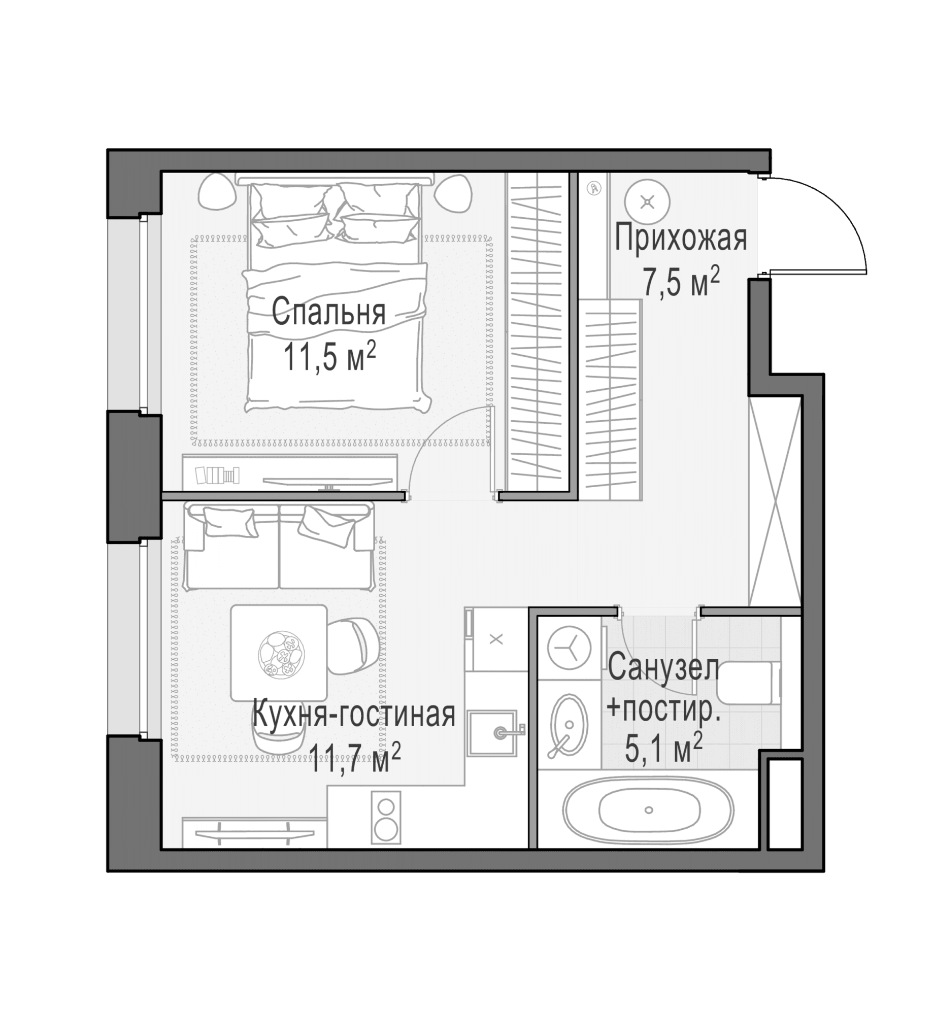 Планировка: 1-комнатная квартира 35,5 м² в ЖК «Белый Град»