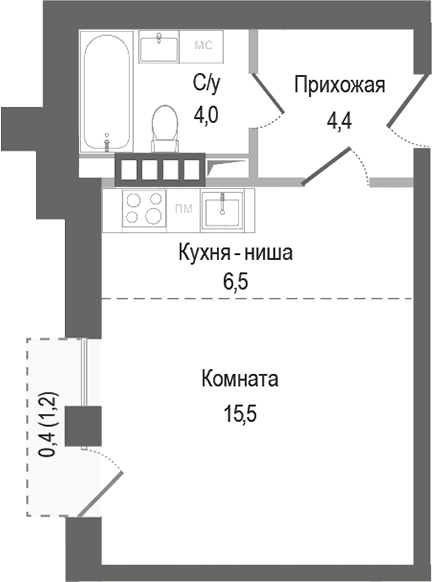 Планировка: Студия 30,4 м² в ЖК «Киноквартал»