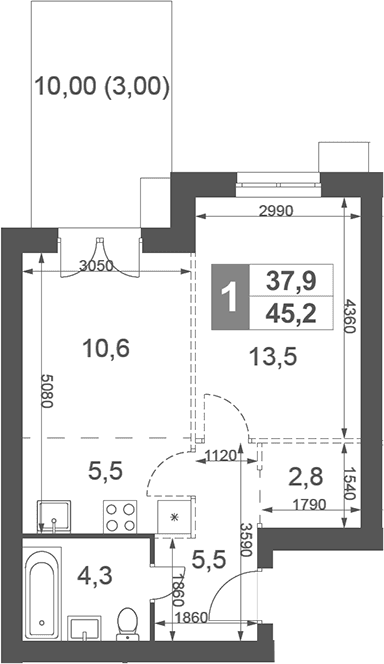Планировка: 1-комнатная квартира 42,2 м² в ЖК «Дубровицы Клаб»
