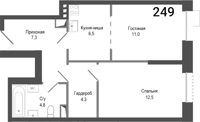 Планировка: Евродвушка 46,4 м² в ЖК «Киноквартал»