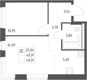Планировка: Евродвушка 40,9 м² в ЖК «Новое Видное»