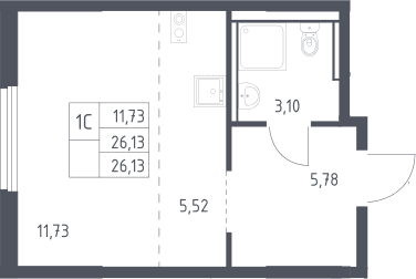 Планировка: Студия 26,1 м² в ЖК «Пригород Лесное»