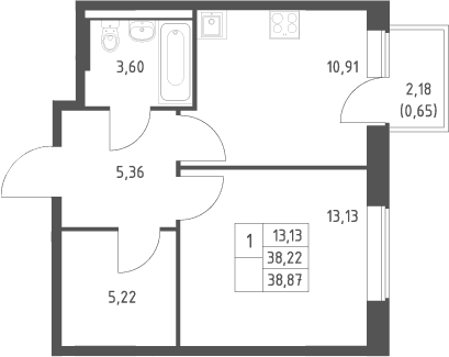 Планировка: 1-комнатная квартира 38,2 м² в ЖК «Большое Юрлово»
