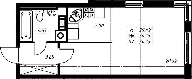 Планировка: Студия 33,9 м² в ЖК «Огоньки»
